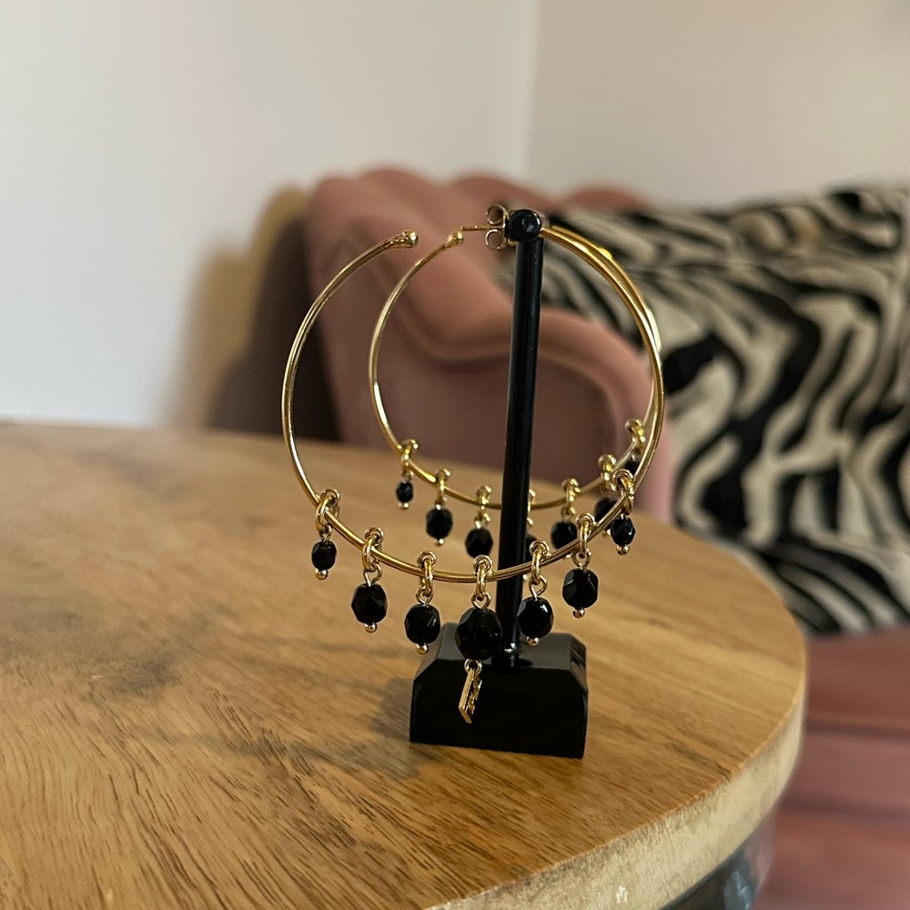 Fendi Gold Hoop Earrings with Black Bead Charms - Picture 5 of 7
